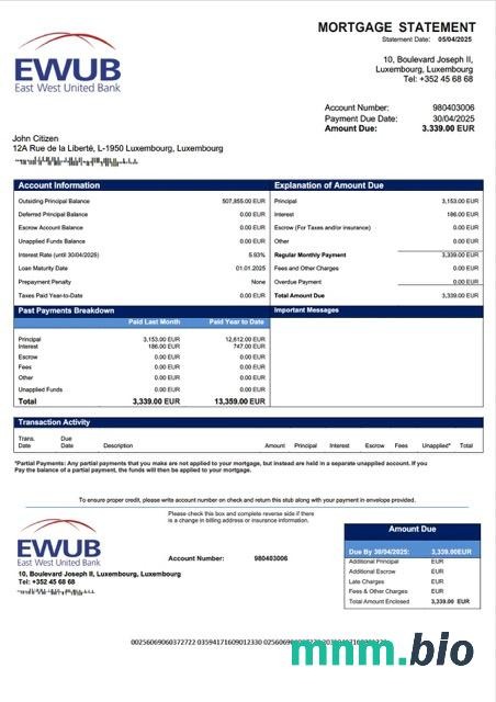 Luksemburg East-West United Bank wyciąg z kredytu hipotecznego szablon Word i PDF
